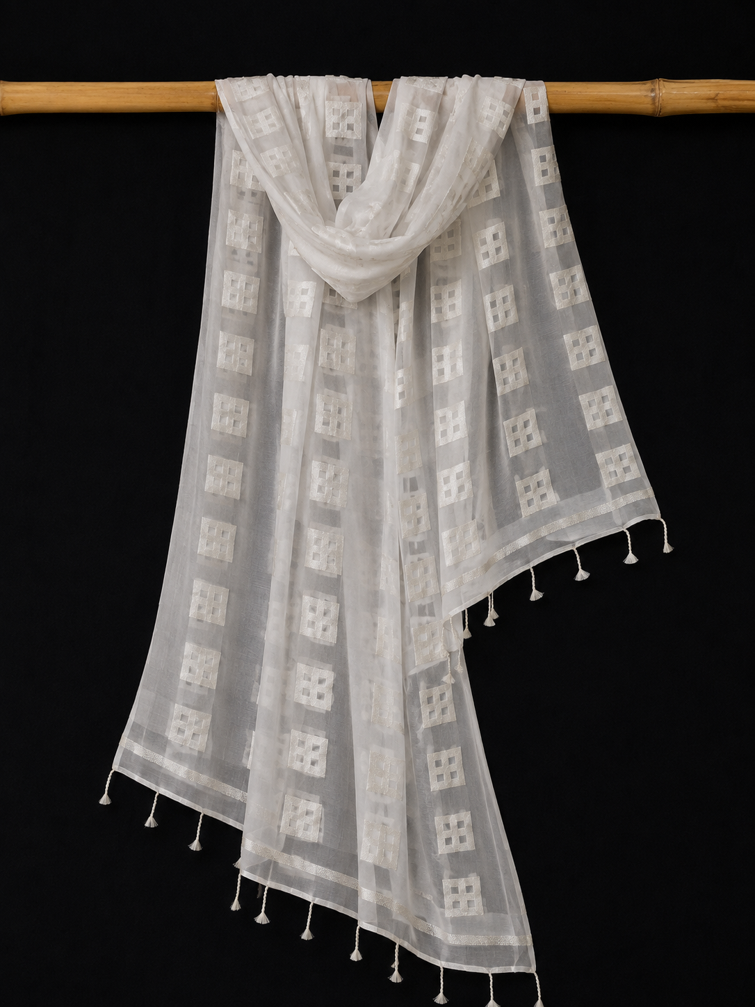 Ivory Squares — White Sheer Dupatta with Geometric Motifs