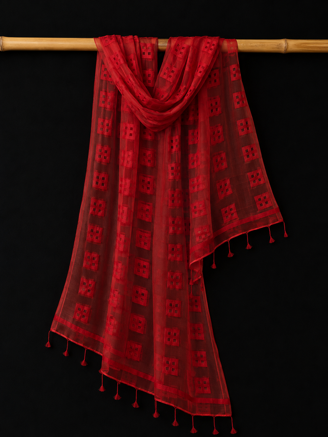 Red Geometry — Red Sheer Dupatta with Geometric Square Motifs