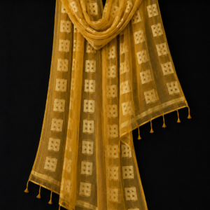 Marigold Grid — Mustard Yellow Sheer Dupatta with Geometric Motifs