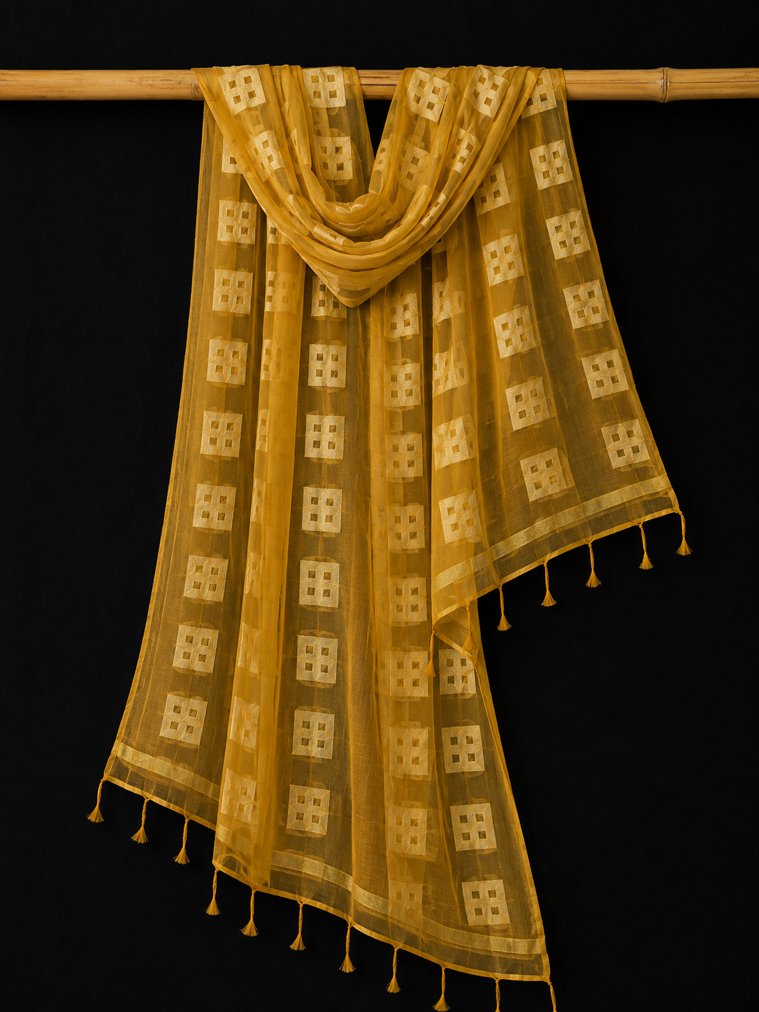 Marigold Grid — Mustard Yellow Sheer Dupatta with Geometric Motifs