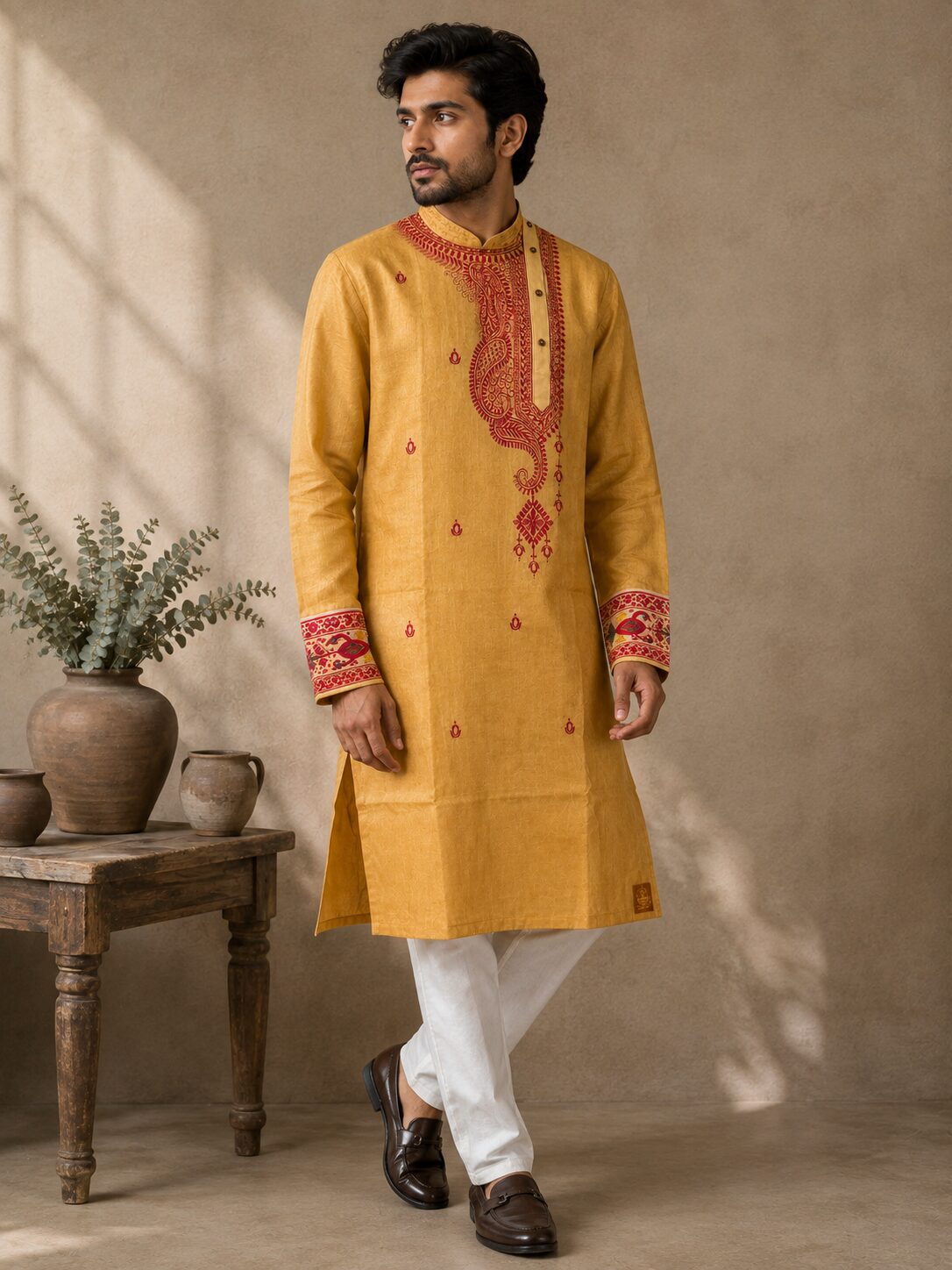 Mustard Cotton Kurta with Maroon Paisley Motifs - Image 3