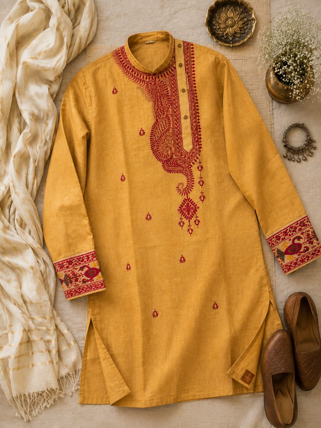Mustard Cotton Kurta with Maroon Paisley Motifs - Image 2