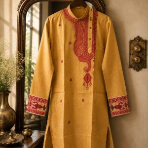 Mustard Cotton Kurta with Maroon Paisley Motifs