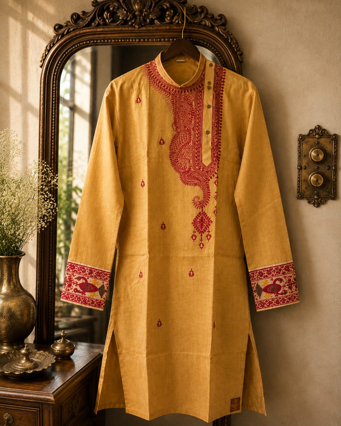 Mustard Cotton Kurta with Maroon Paisley Motifs