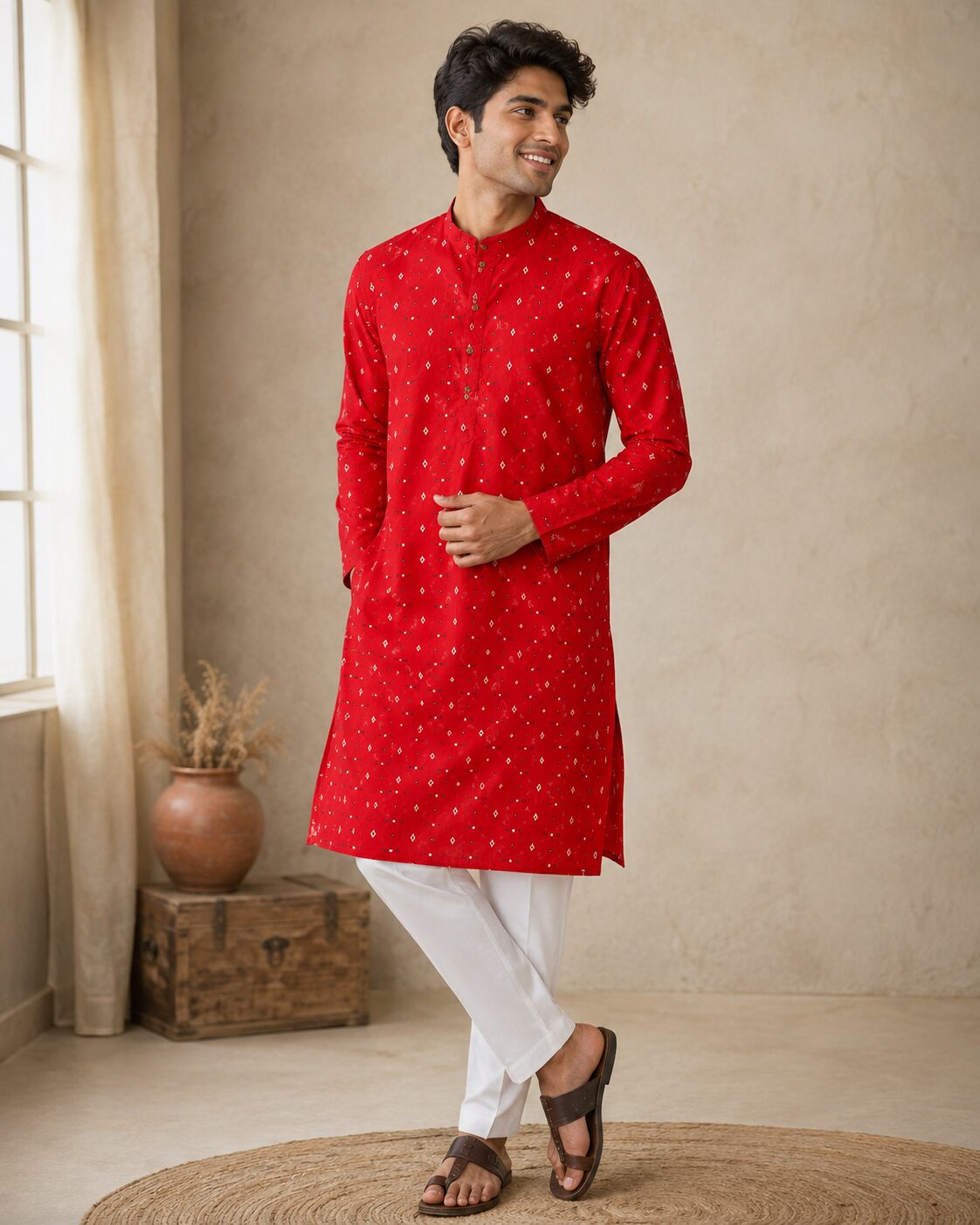 Red Cotton Kurta with Geometric Buti Motifs - Image 4