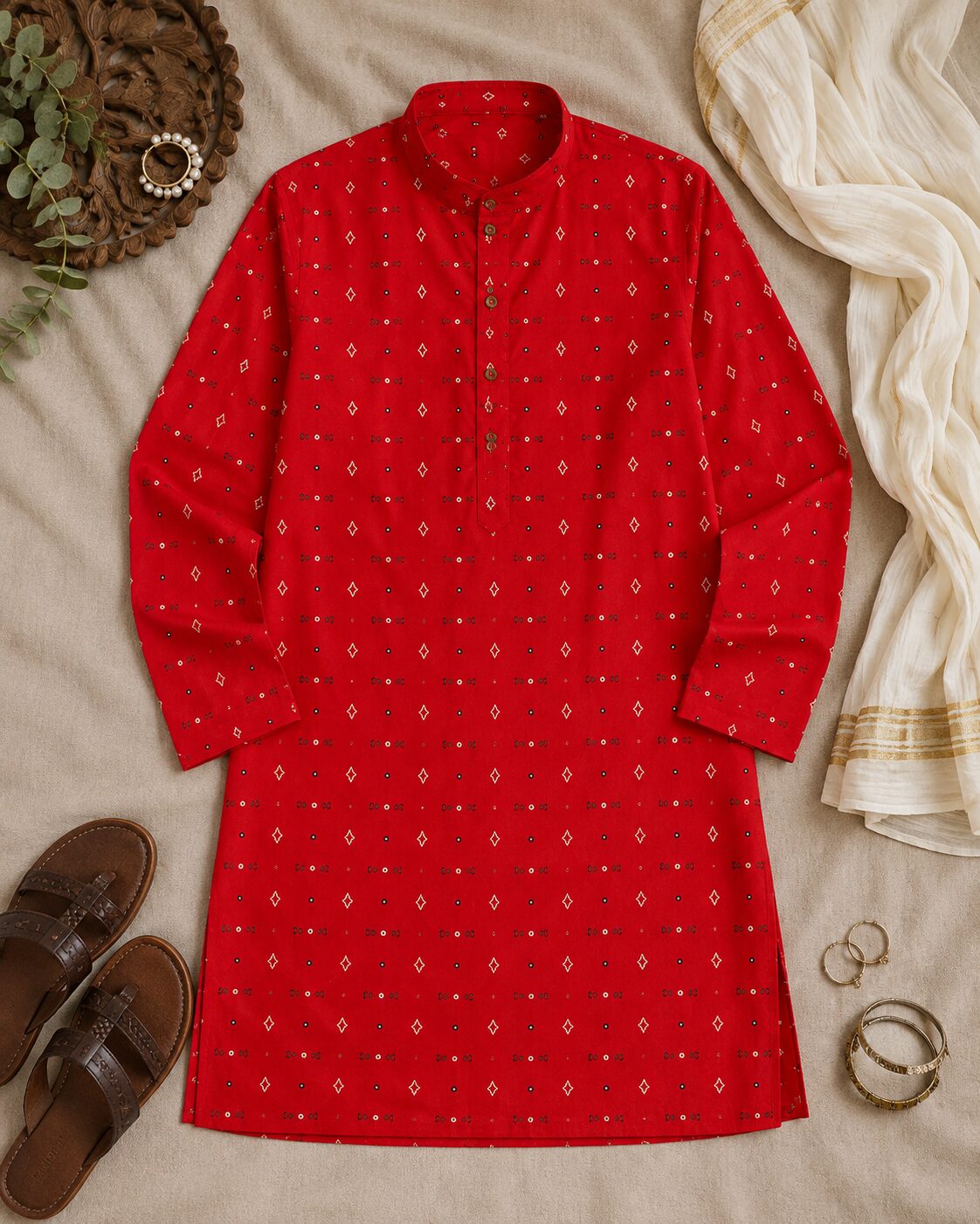 Red Cotton Kurta with Geometric Buti Motifs - Image 3