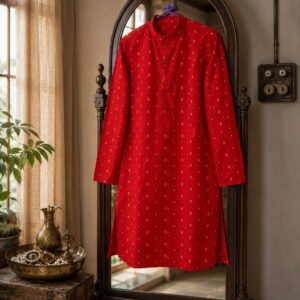 Red Cotton Kurta with Geometric Buti Motifs
