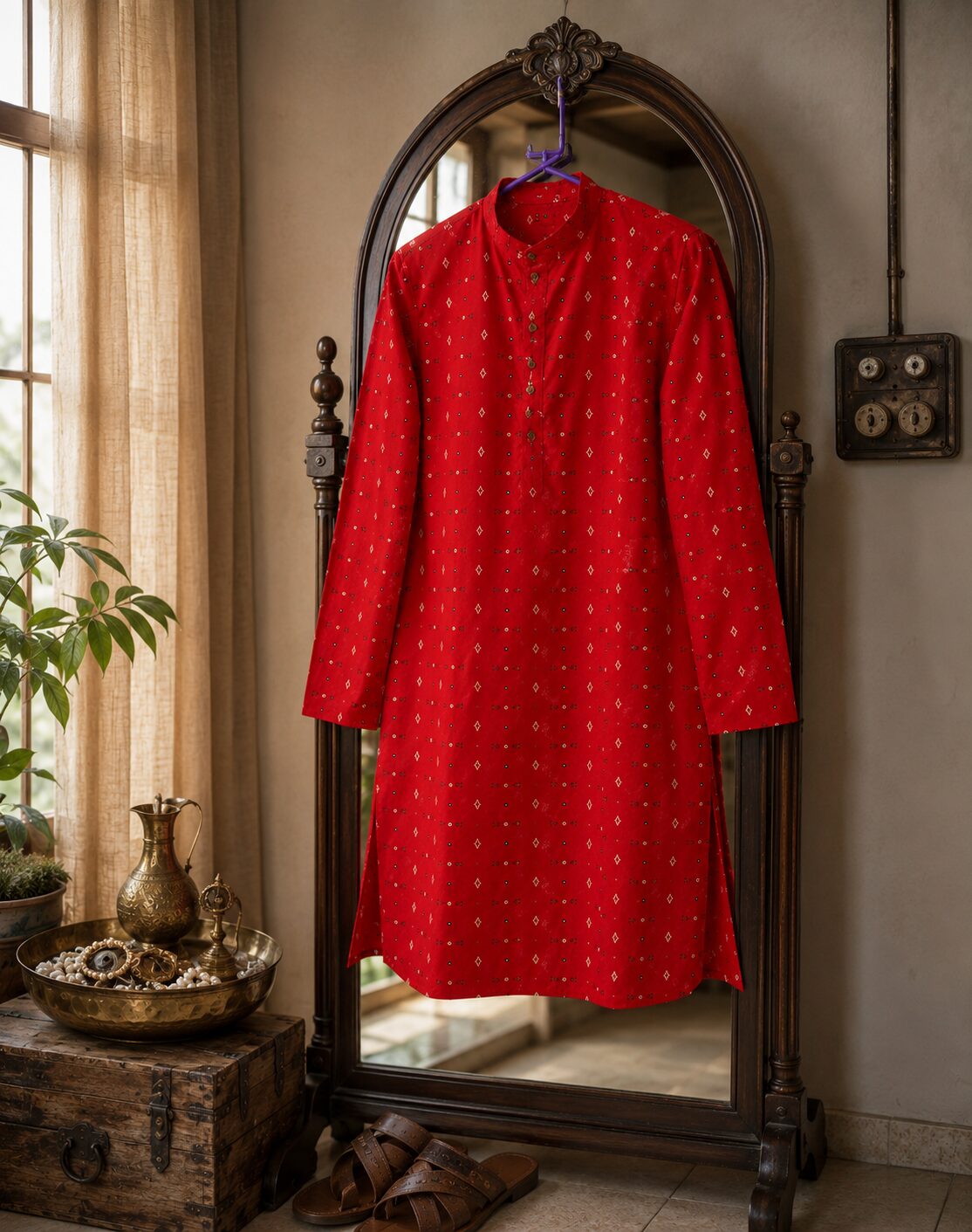 Red Cotton Kurta with Geometric Buti Motifs
