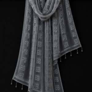 Silver Mist — Grey Sheer Dupatta with Geometric Square Motifs