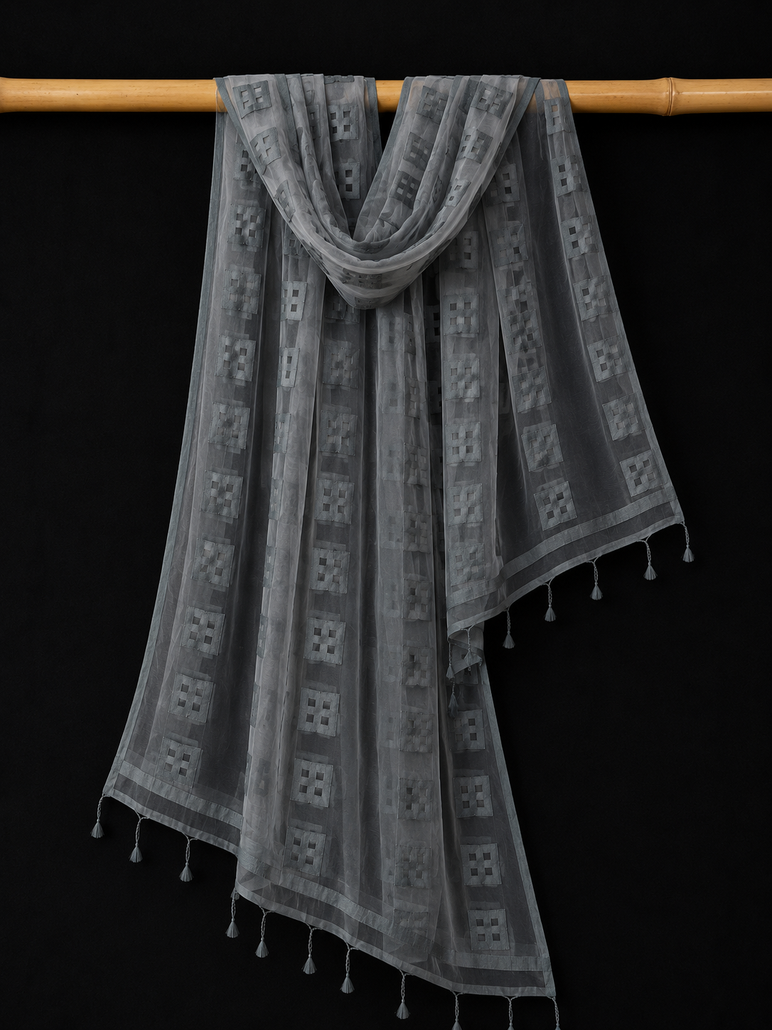 Silver Mist — Grey Sheer Dupatta with Geometric Square Motifs