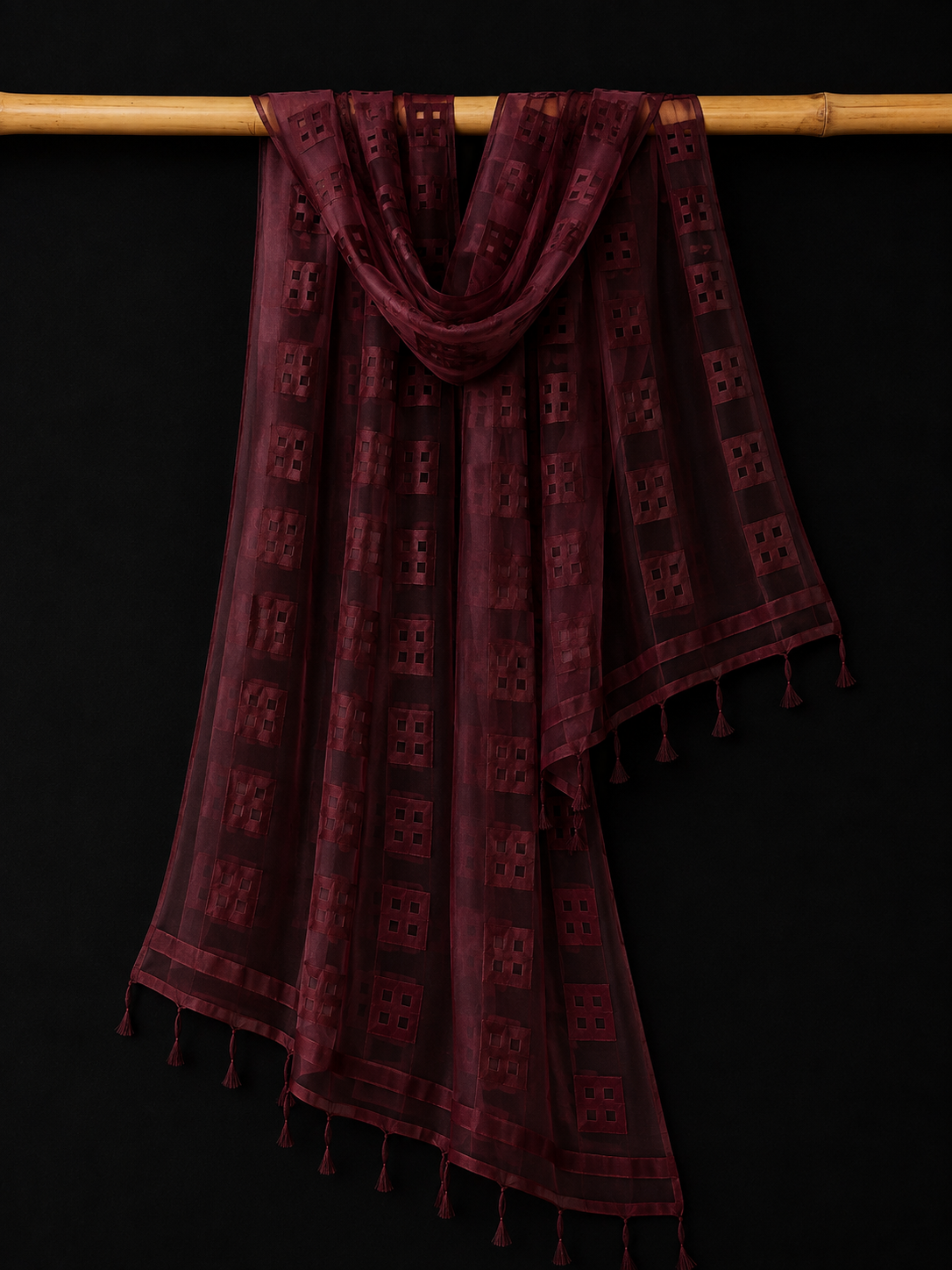 Wine Grid — Wine Sheer Dupatta with Geometric Square Motifs