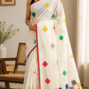 Colour Play — Cream Mul Cotton Saree with Red Border
