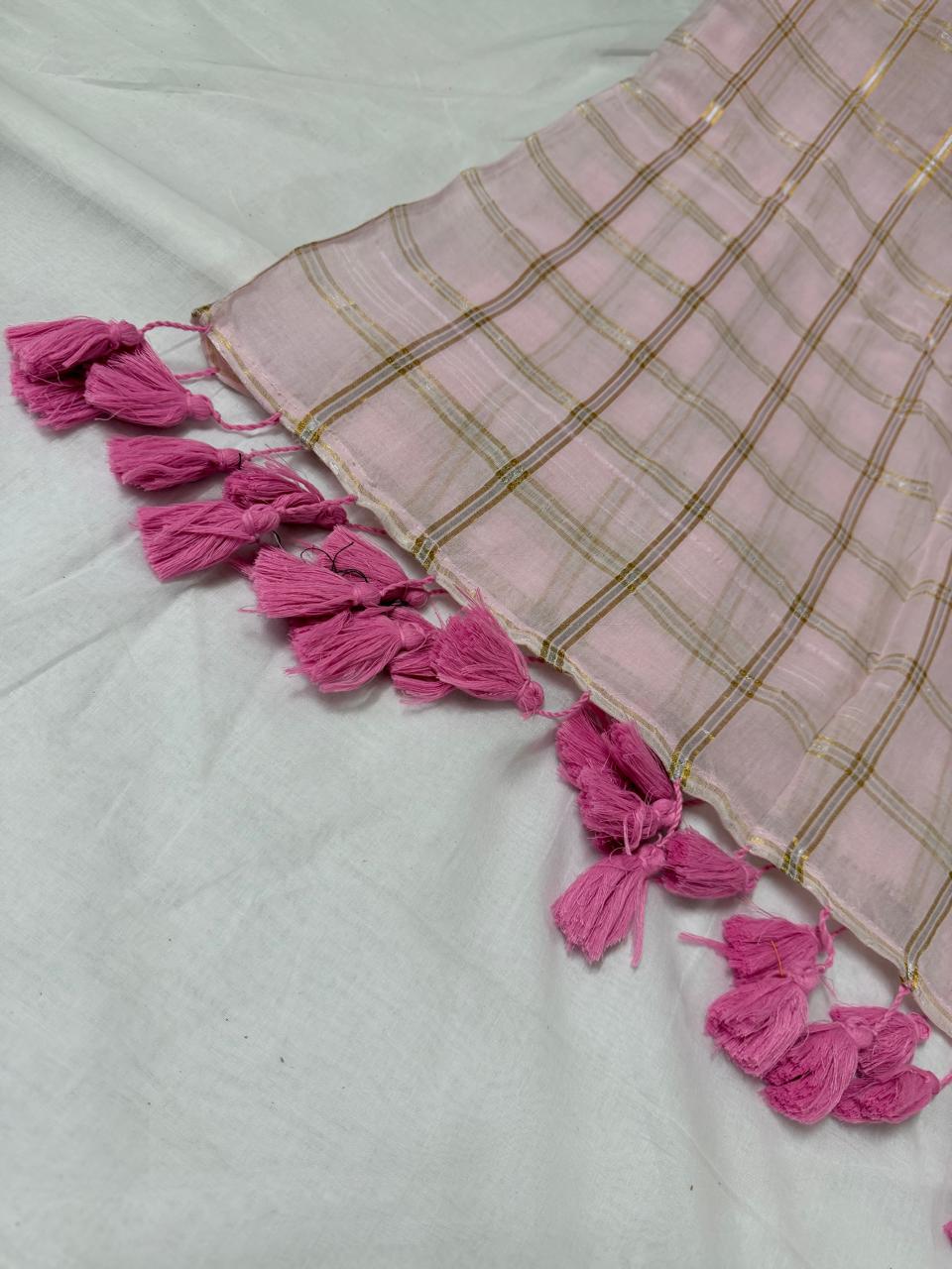 Pink Check Muse — Pastel Pink Cotton Check Saree with Gold-Toned Grid & Pink Tassels - Image 3