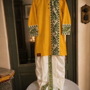 Mustard Yellow Cotton Kurta Set with Green Handwoven Panel
