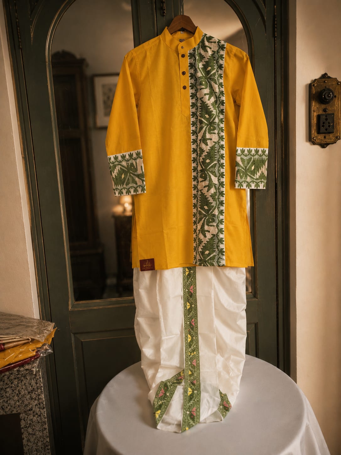 Mustard Yellow Cotton Kurta Set with Green Handwoven Panel