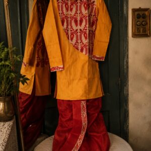 Mustard Yellow Cotton Kurta Set with Assamese Woven Panel