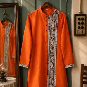 Orange Cotton Kurta with Traditional Woven Panel