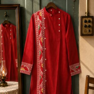 Red Cotton Kurta with Assamese-Inspired Woven Panel