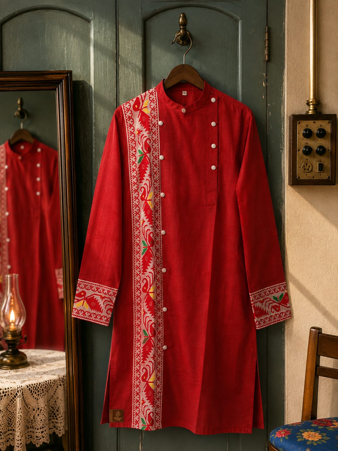 Red Cotton Kurta with Assamese-Inspired Woven Panel