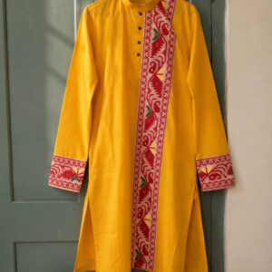 Yellow Cotton Kurta with Assamese-Inspired Woven Panel