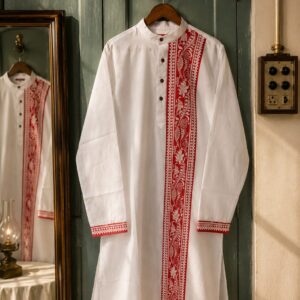 White Cotton Kurta with Assamese-Inspired Red Woven Panel