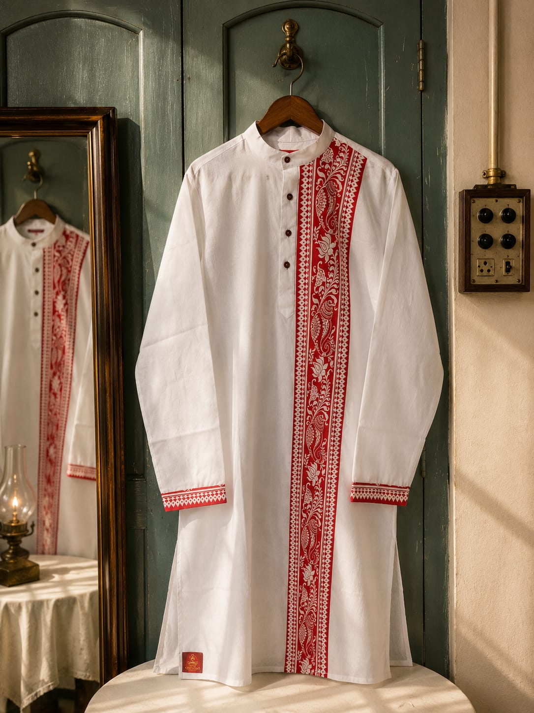 White Cotton Kurta with Assamese-Inspired Red Woven Panel