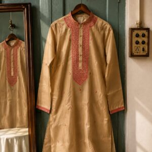 Beige Silk Blend Kurta with Embroidered Yoke