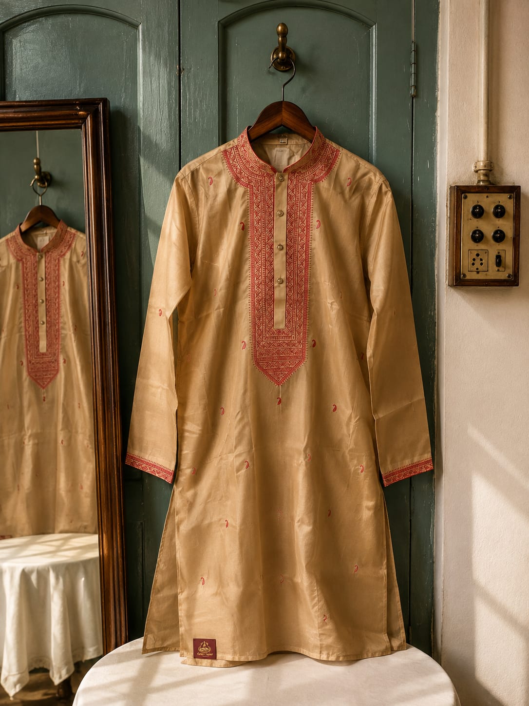 Beige Silk Blend Kurta with Embroidered Yoke