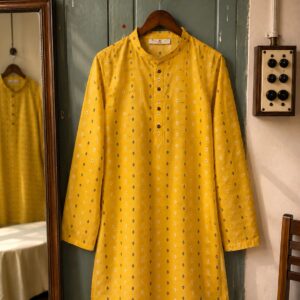 Mustard Yellow Cotton Kurta for Men with Traditional Buti Print