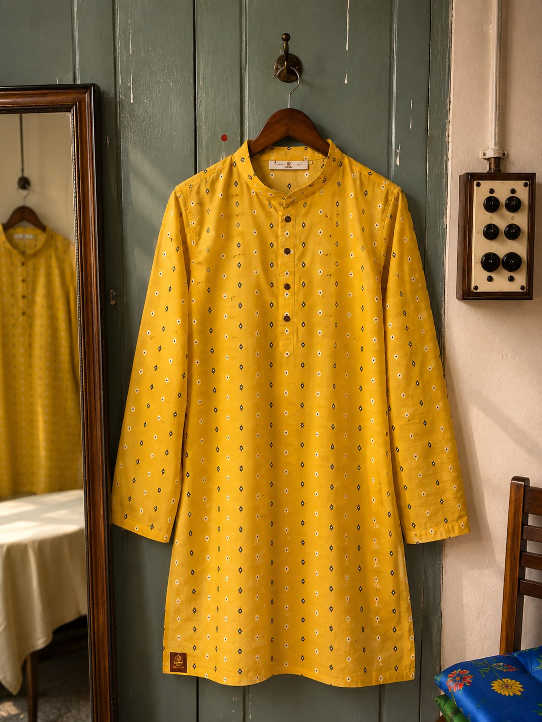 Mustard Yellow Cotton Kurta for Men with Traditional Buti Print