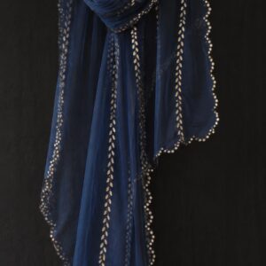Midnight Bloom — Navy Blue Sheer Dupatta with Golden Leaf Border