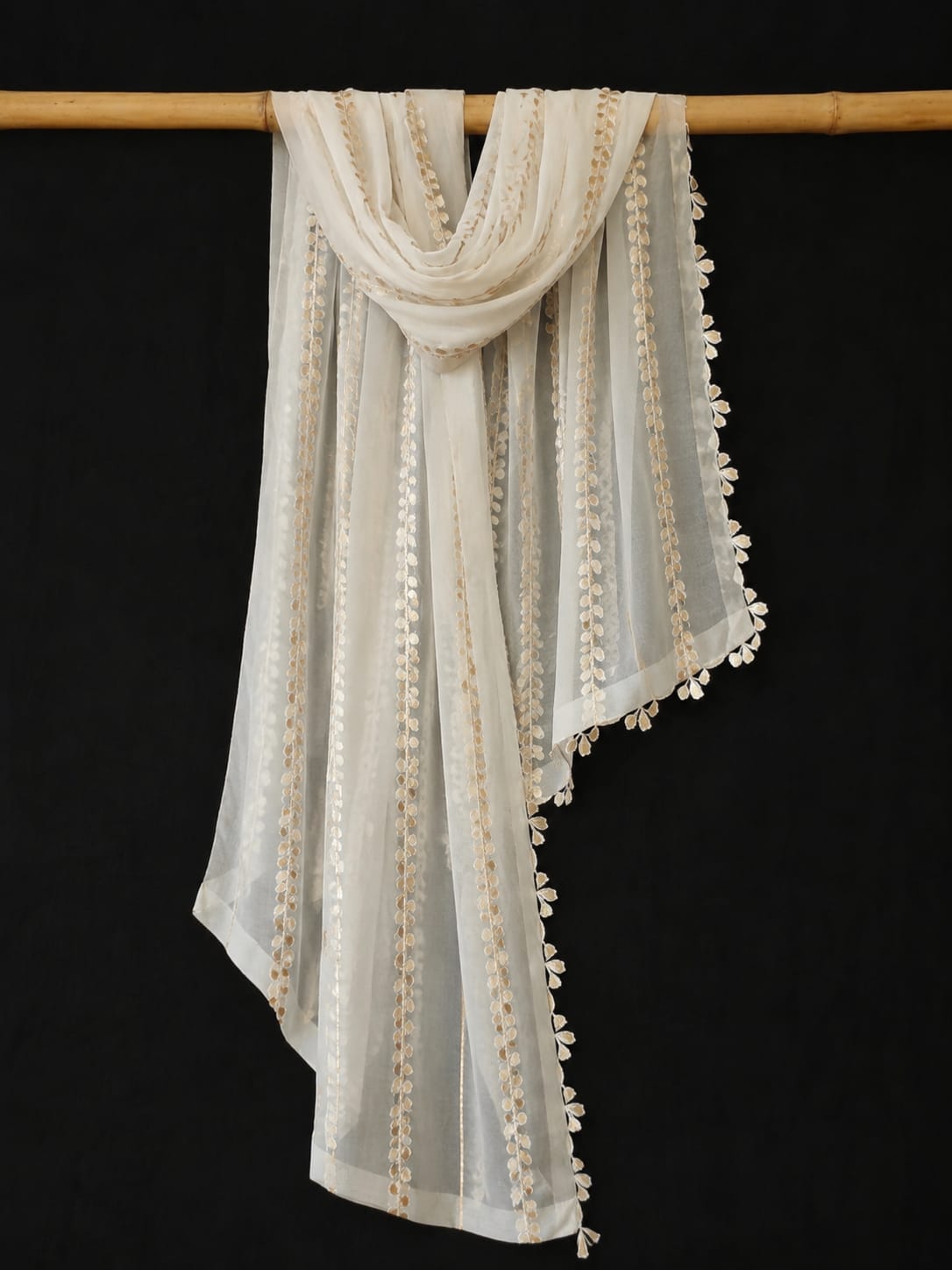 Ivory Bloom — Ivory Sheer Dupatta with Golden Floral Stripes