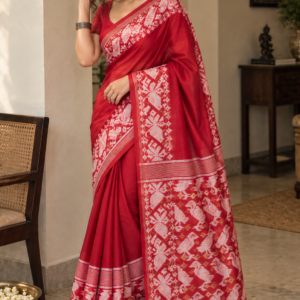 Red Rhythm — Deep Red Jamdani Saree with White Motif Border