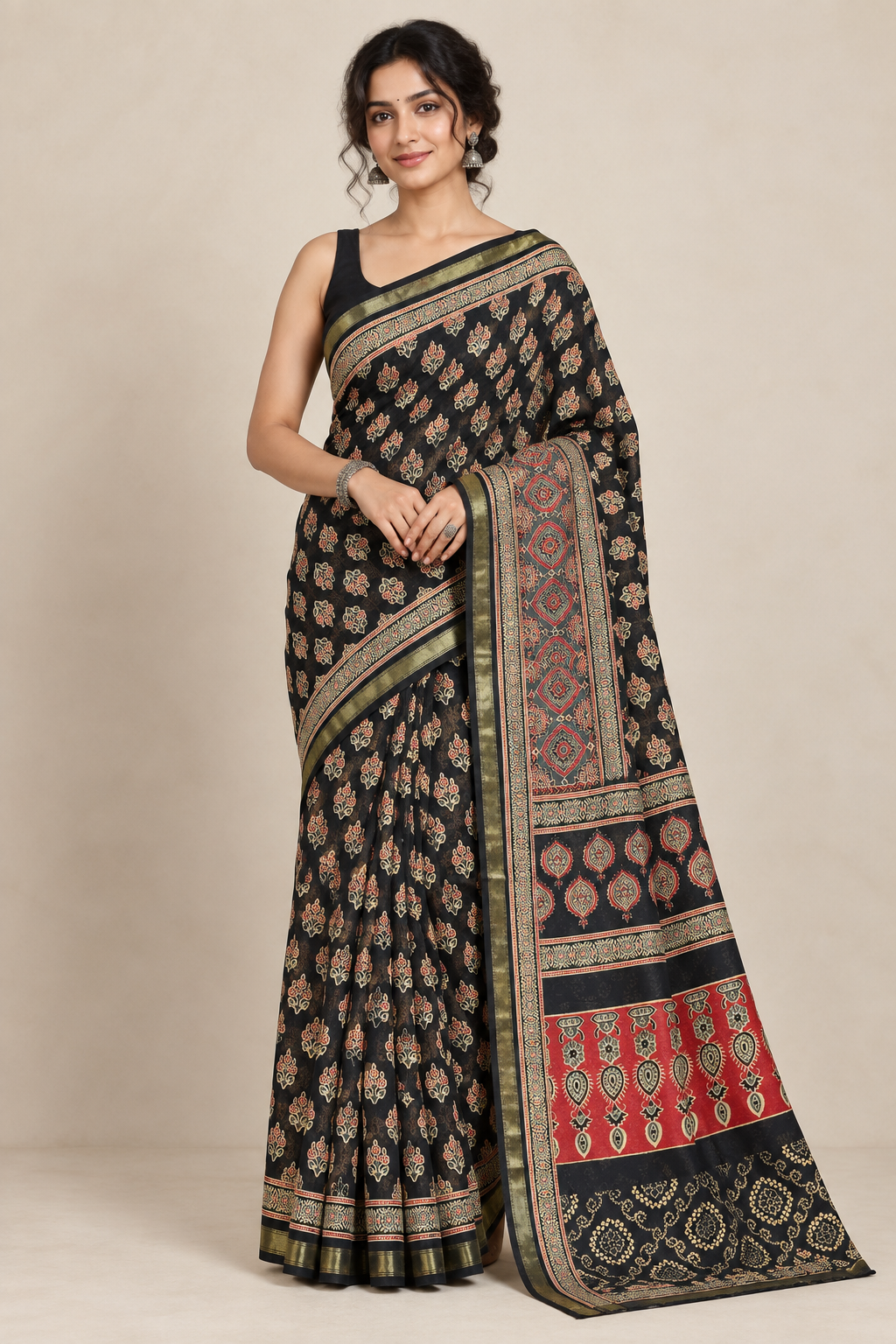 Midnight Motif — Black Mul Cotton Saree with Red & Olive Border - Image 5