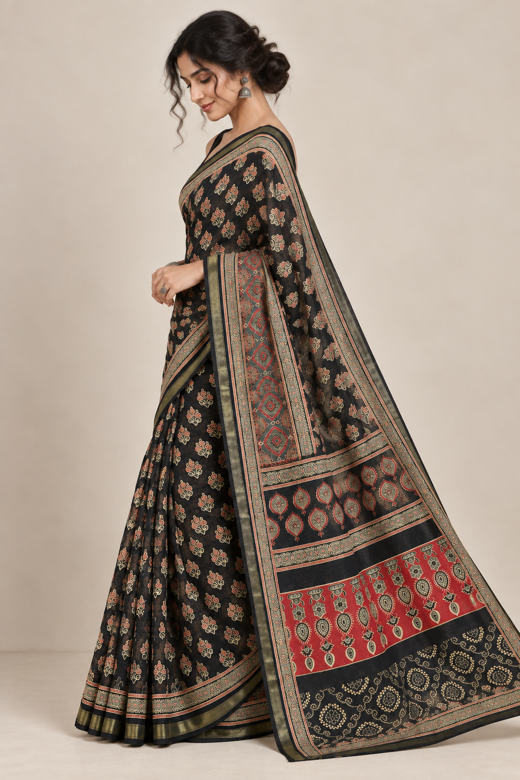 Midnight Motif — Black Mul Cotton Saree with Red & Olive Border - Image 4
