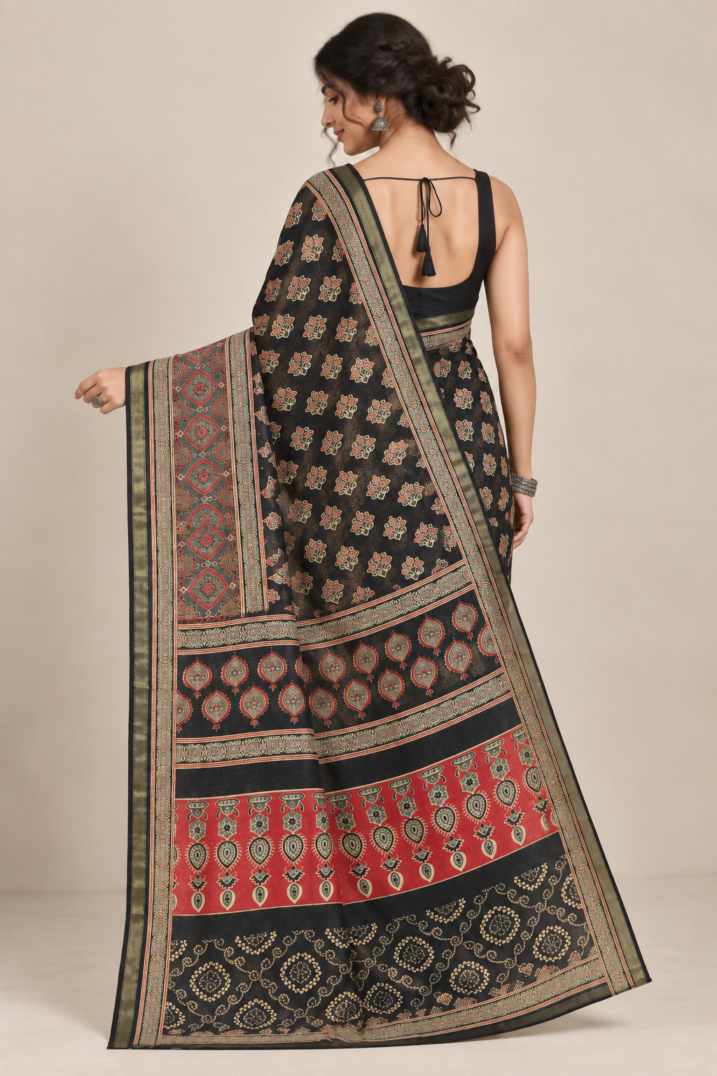 Midnight Motif — Black Mul Cotton Saree with Red & Olive Border - Image 3