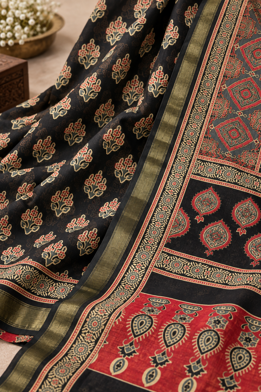 Midnight Motif — Black Mul Cotton Saree with Red & Olive Border - Image 2