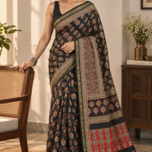 Midnight Motif — Black Mul Cotton Saree with Red & Olive Border