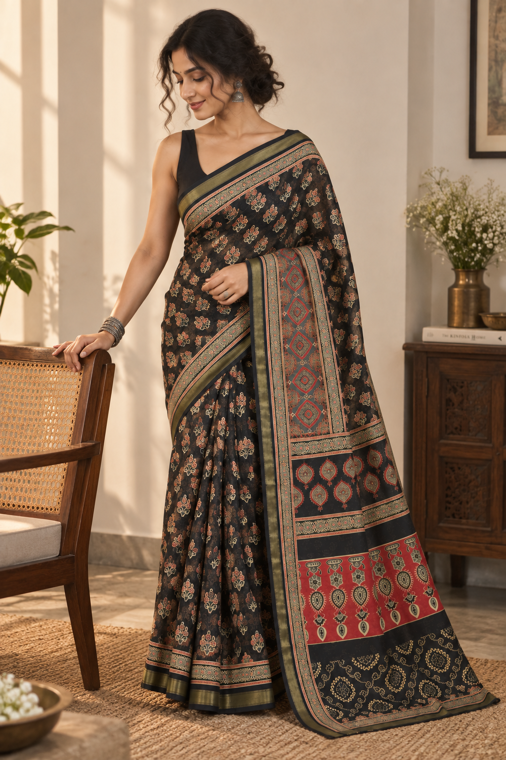 Midnight Motif — Black Mul Cotton Saree with Red & Olive Border