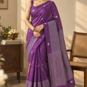 Purple Poise — Purple Mul Cotton Saree with Striped Border