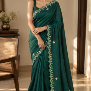 Forest Quiet — Green Mul Cotton Saree with Beaded Border
