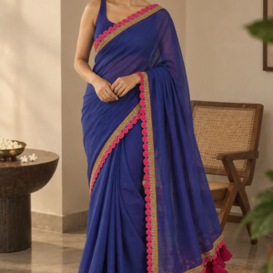 Blue Hour — Royal Blue Mul Cotton Saree with Pink & Gold Border