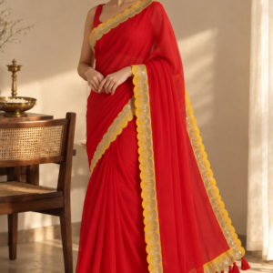 Red & Gold Grace — Red Mul Cotton Saree with Golden Scalloped Border