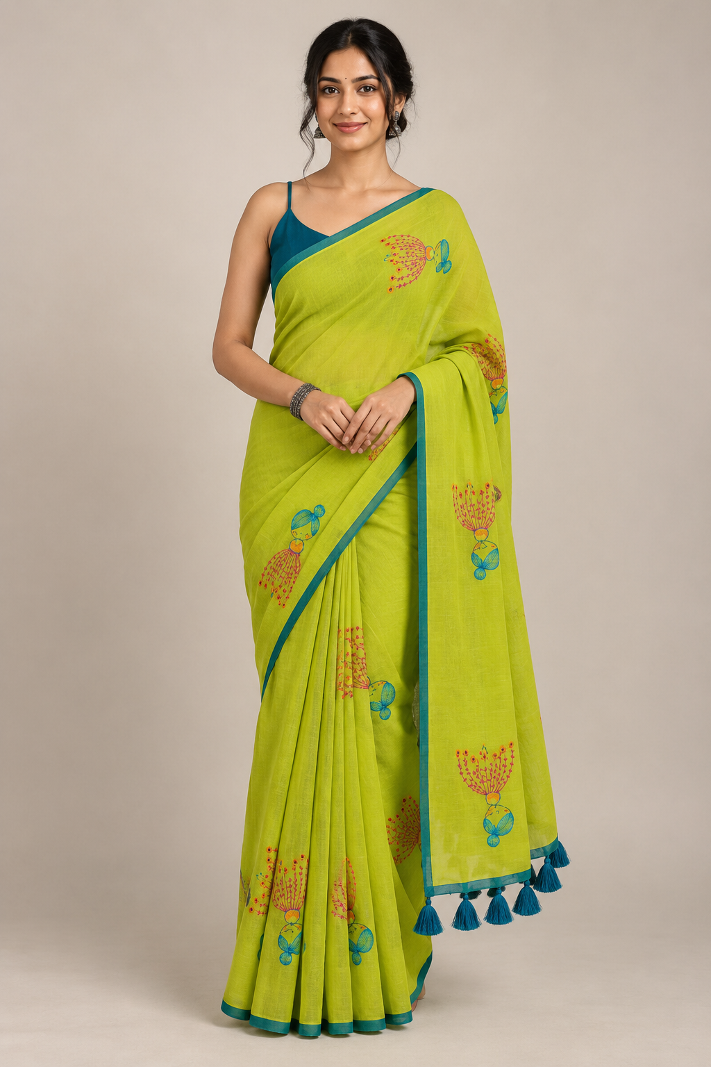 Blooming Lime — Lime Green Mul Cotton Saree with Teal Border - Image 5