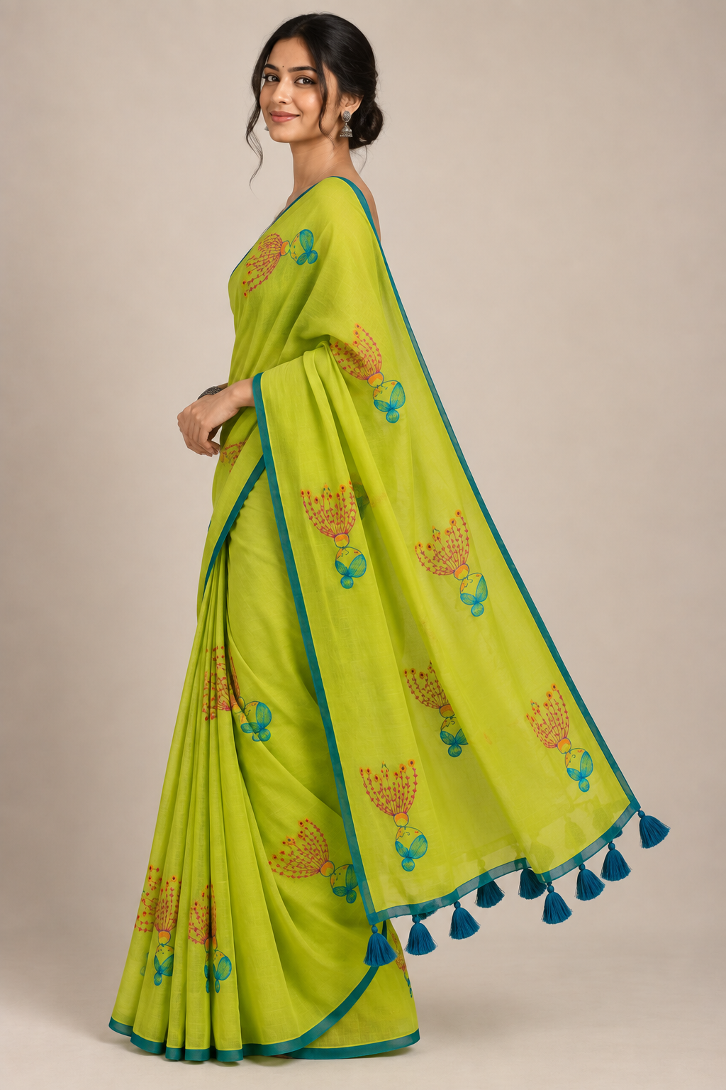 Blooming Lime — Lime Green Mul Cotton Saree with Teal Border - Image 4