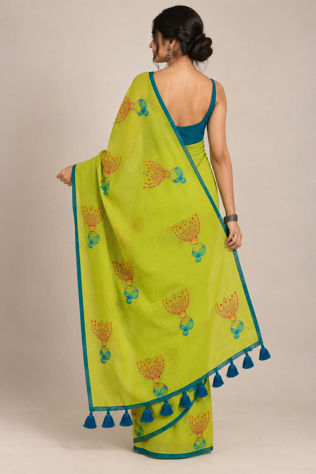 Blooming Lime — Lime Green Mul Cotton Saree with Teal Border - Image 3