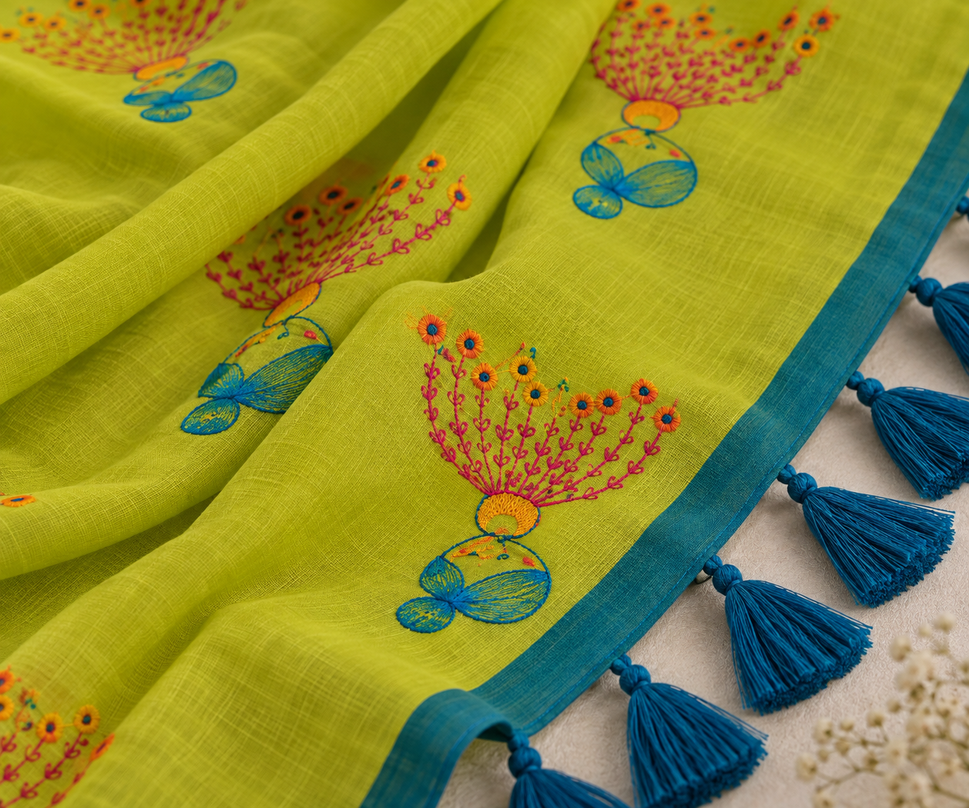 Blooming Lime — Lime Green Mul Cotton Saree with Teal Border - Image 2
