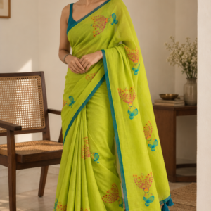 Blooming Lime — Lime Green Mul Cotton Saree with Teal Border