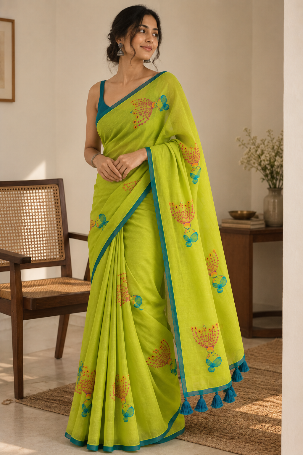 Blooming Lime — Lime Green Mul Cotton Saree with Teal Border