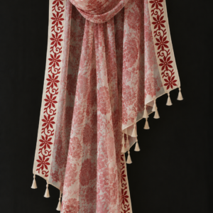 Rose Garden — Blush Pink Organza Floral Dupatta with Red Border